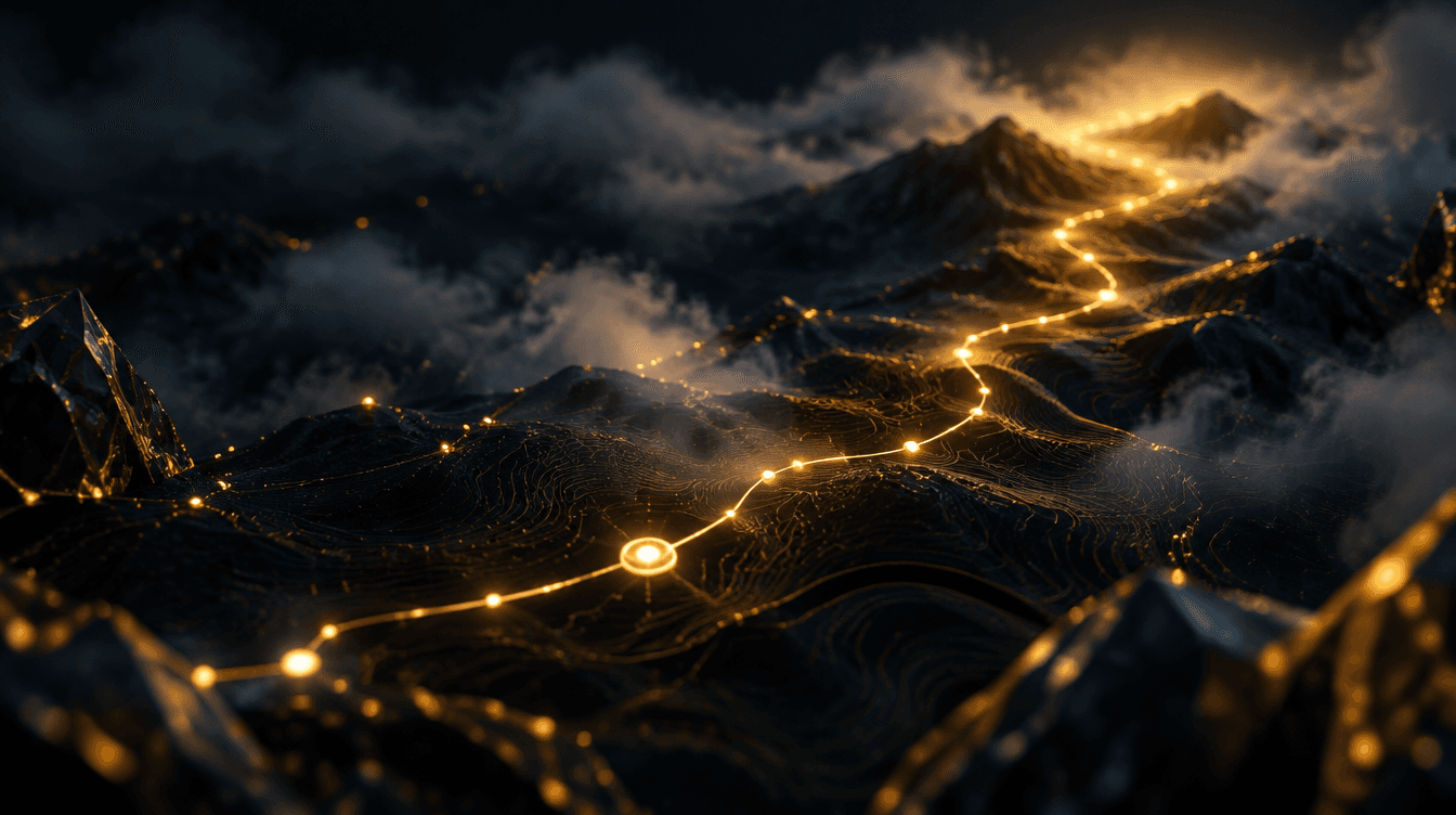 Fine gold lines resolving into one clear path across a dark strategic field