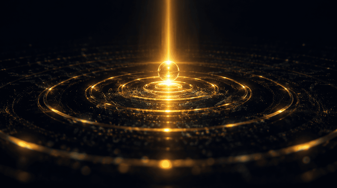 A gold beacon rising with radiating rings — being found and surfacing above the noise