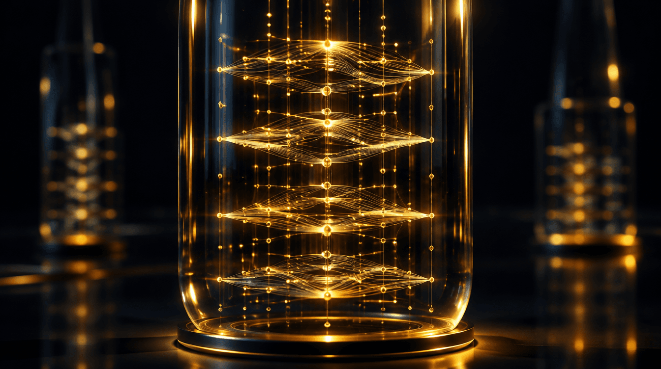 An ordered lattice of gold data filaments inside dark glass — automation at work
